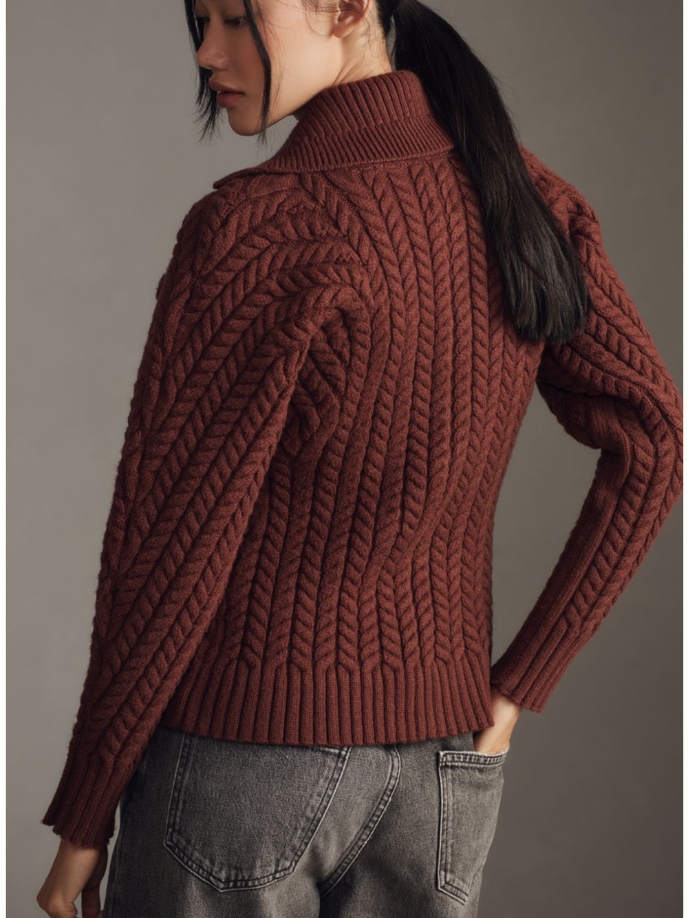 Maeve Hourglass Two way Cable-Knit Zip Cardigan Sweater - Brown - Picture 2 of 12